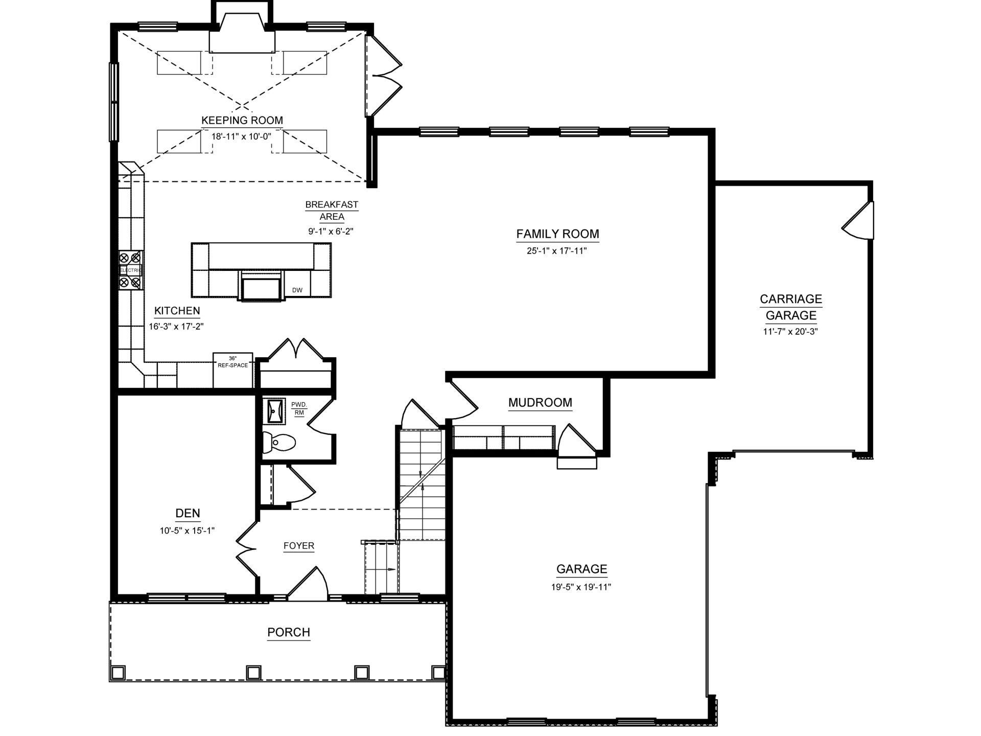 Main level plan with kitchen, keeping and family rooms, den, mudroom, powder room, porch and two garages.