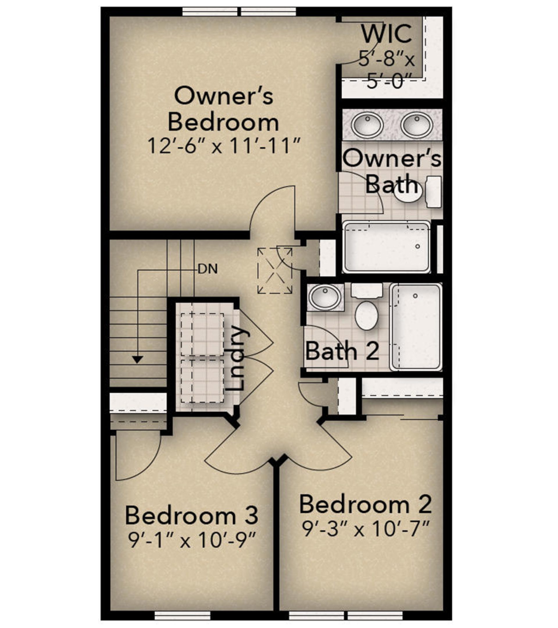Upper-level floor plan with three bedrooms, two full baths, laundry, walk-in closet and stairs.