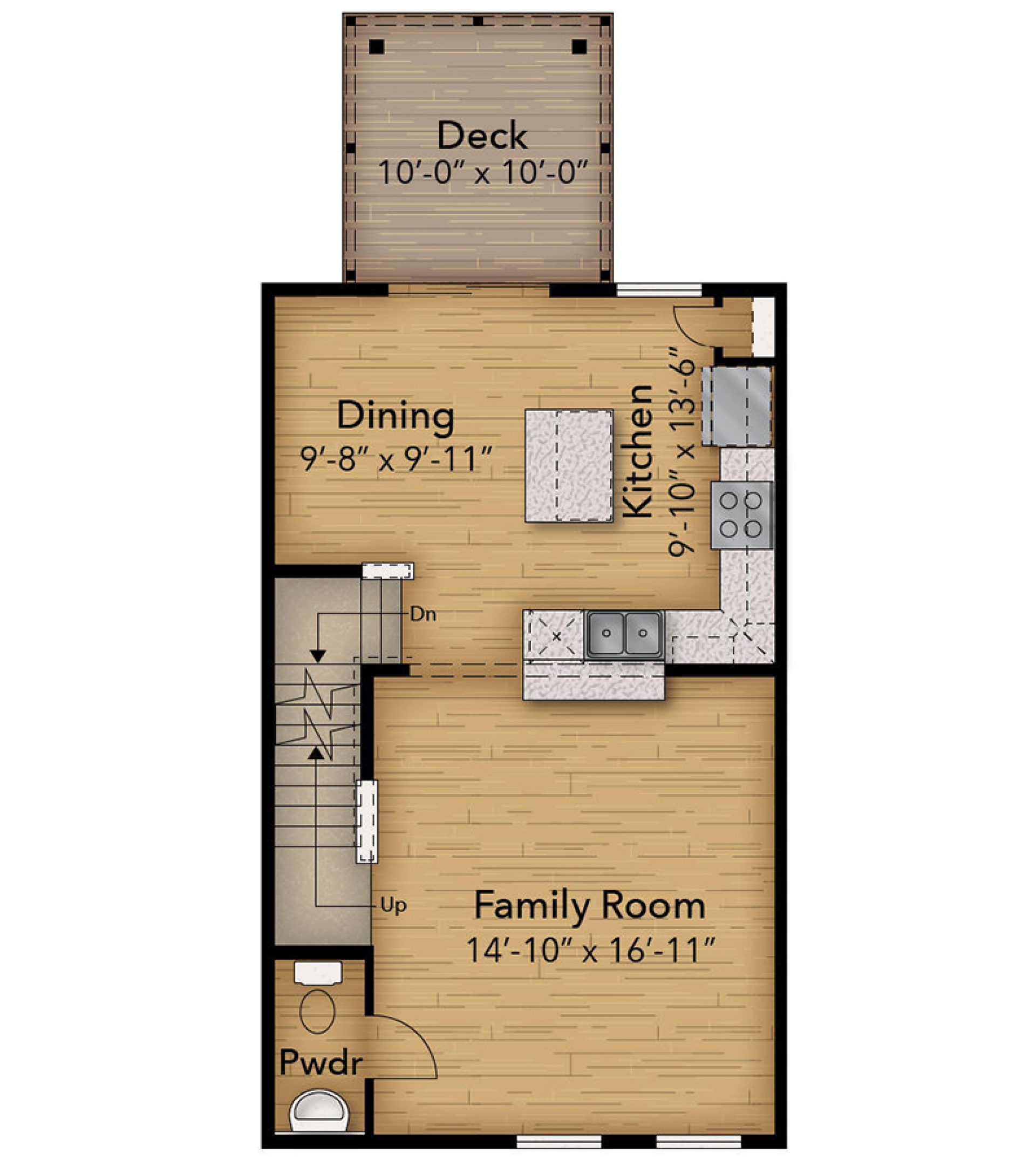 Main-level floor plan with family room, powder room, kitchen with center island, dining area, and rear deck.