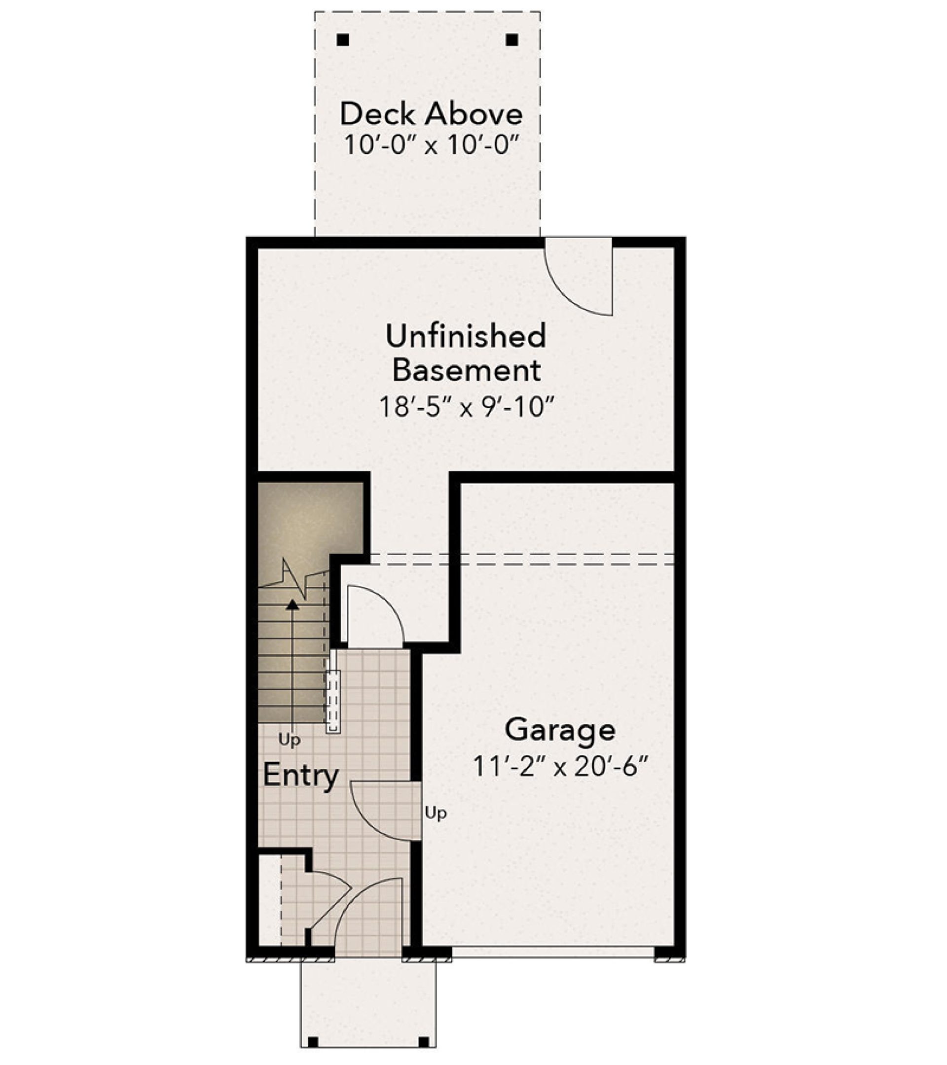 Lower-level floor plan with one-car garage, entry stairs, unfinished basement and access beneath the rear deck.