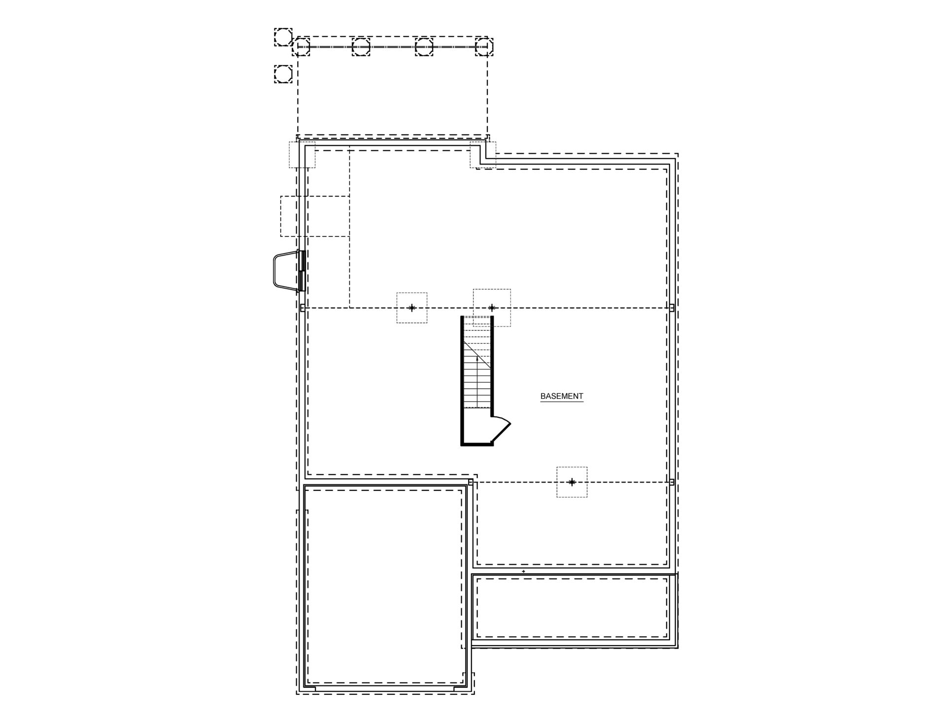 Unfinished basement floor plan with central staircase and open space for future finishing.