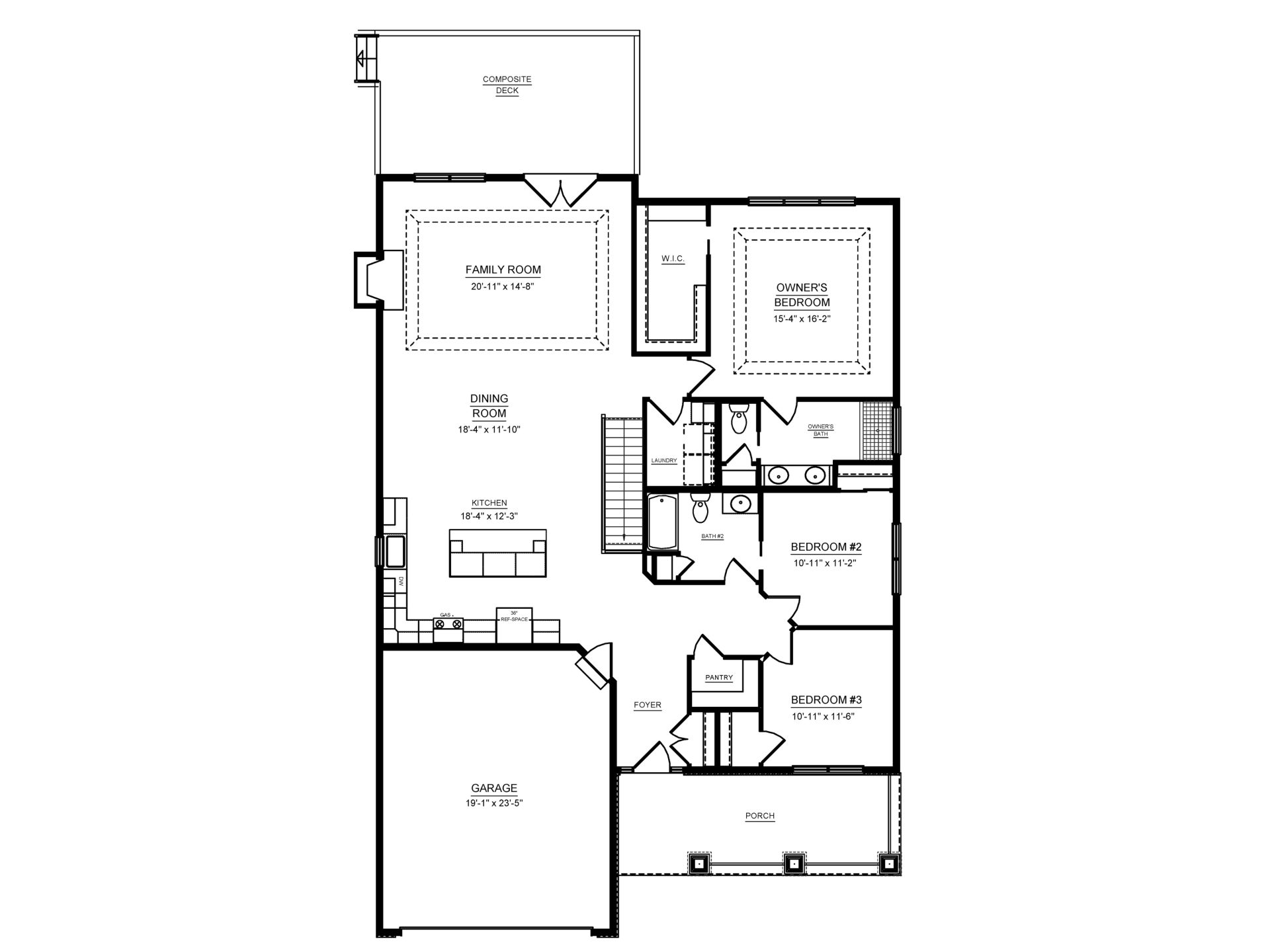 Main-level plan with 3 bedrooms, 2 baths, open kitchen and living areas, laundry, deck, porch, and 2-car garage.