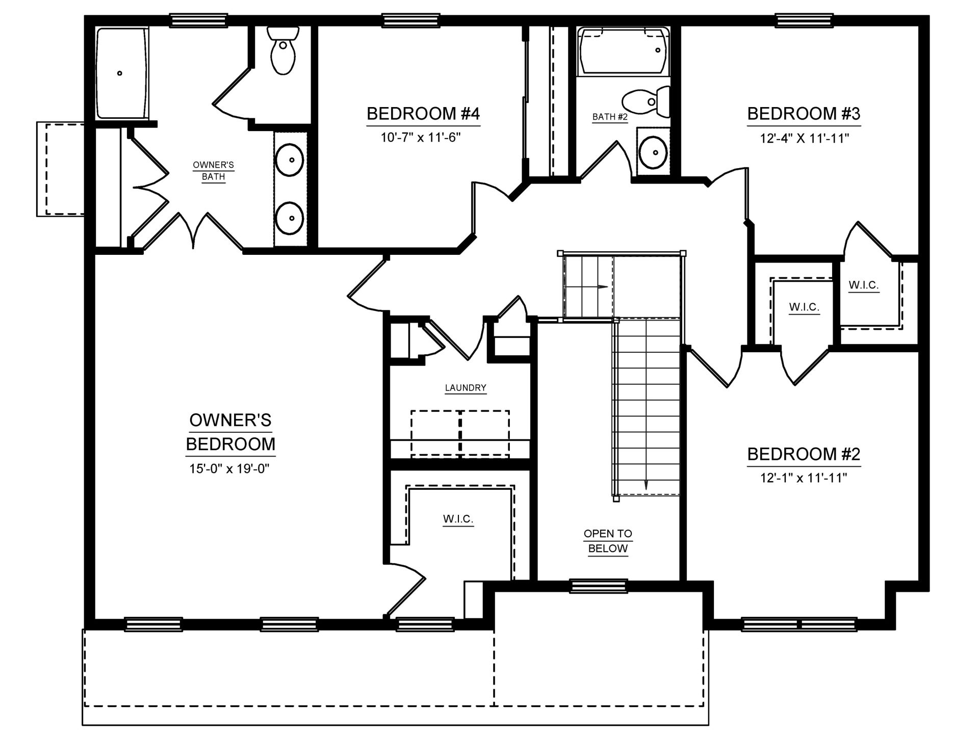 Second-floor plan with four bedrooms, owner's bath, secondary bath, laundry, walk-in closets and open stairway.