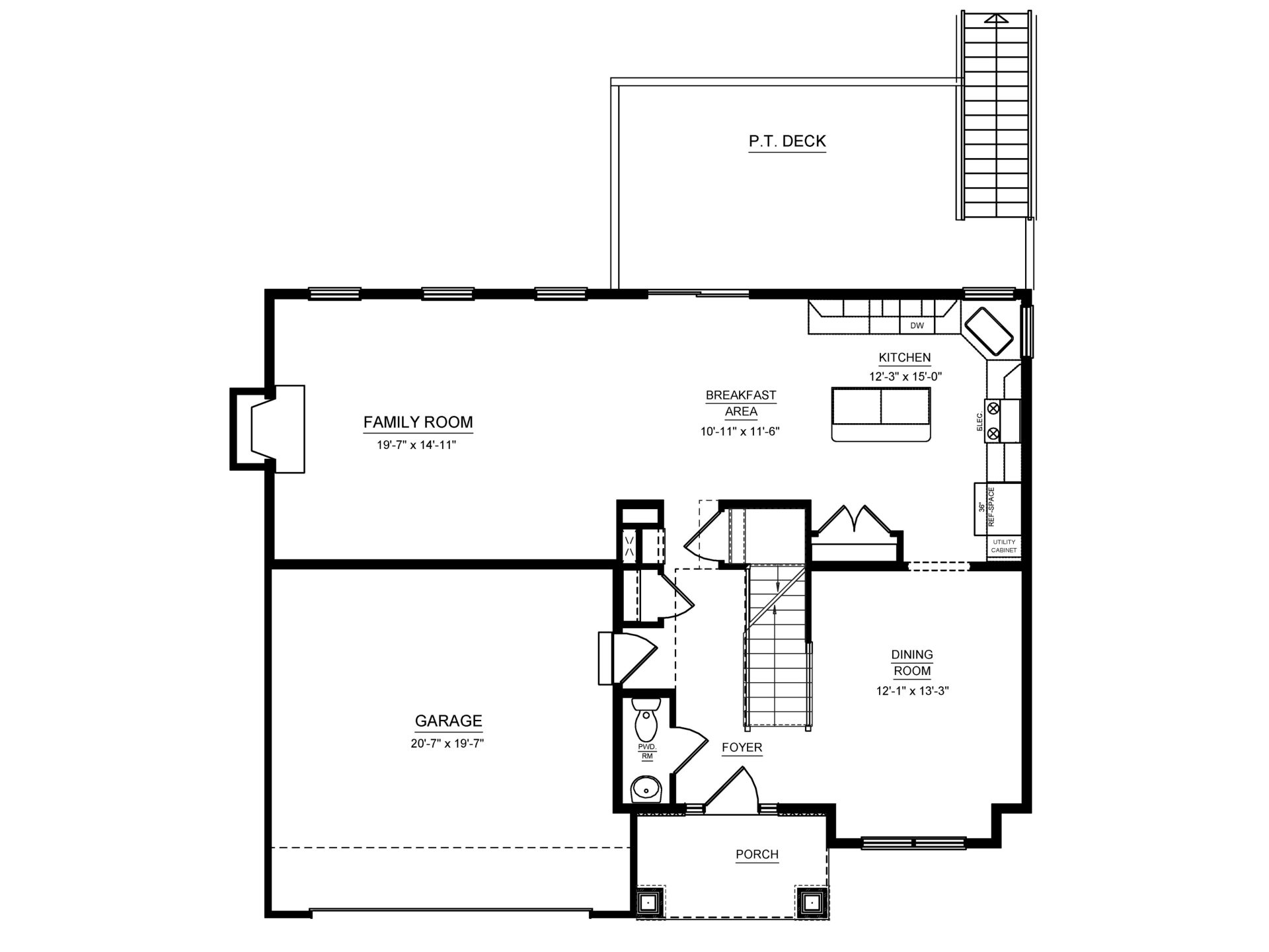 Main-level plan with kitchen, breakfast area, family and dining rooms, powder room, two-car garage, porch and deck.