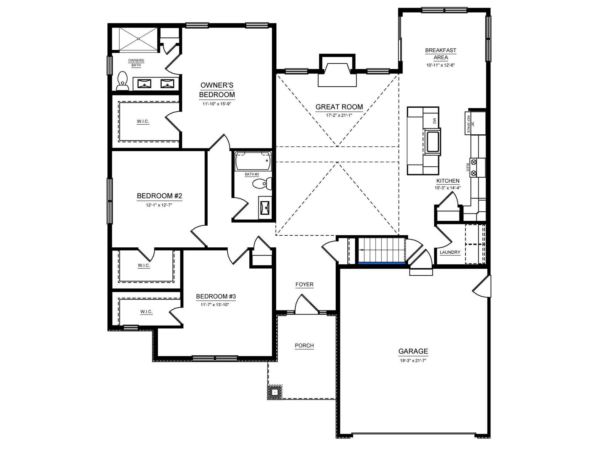 Main-level floor plan with three bedrooms, two baths, open kitchen and great room, laundry and two-car garage.