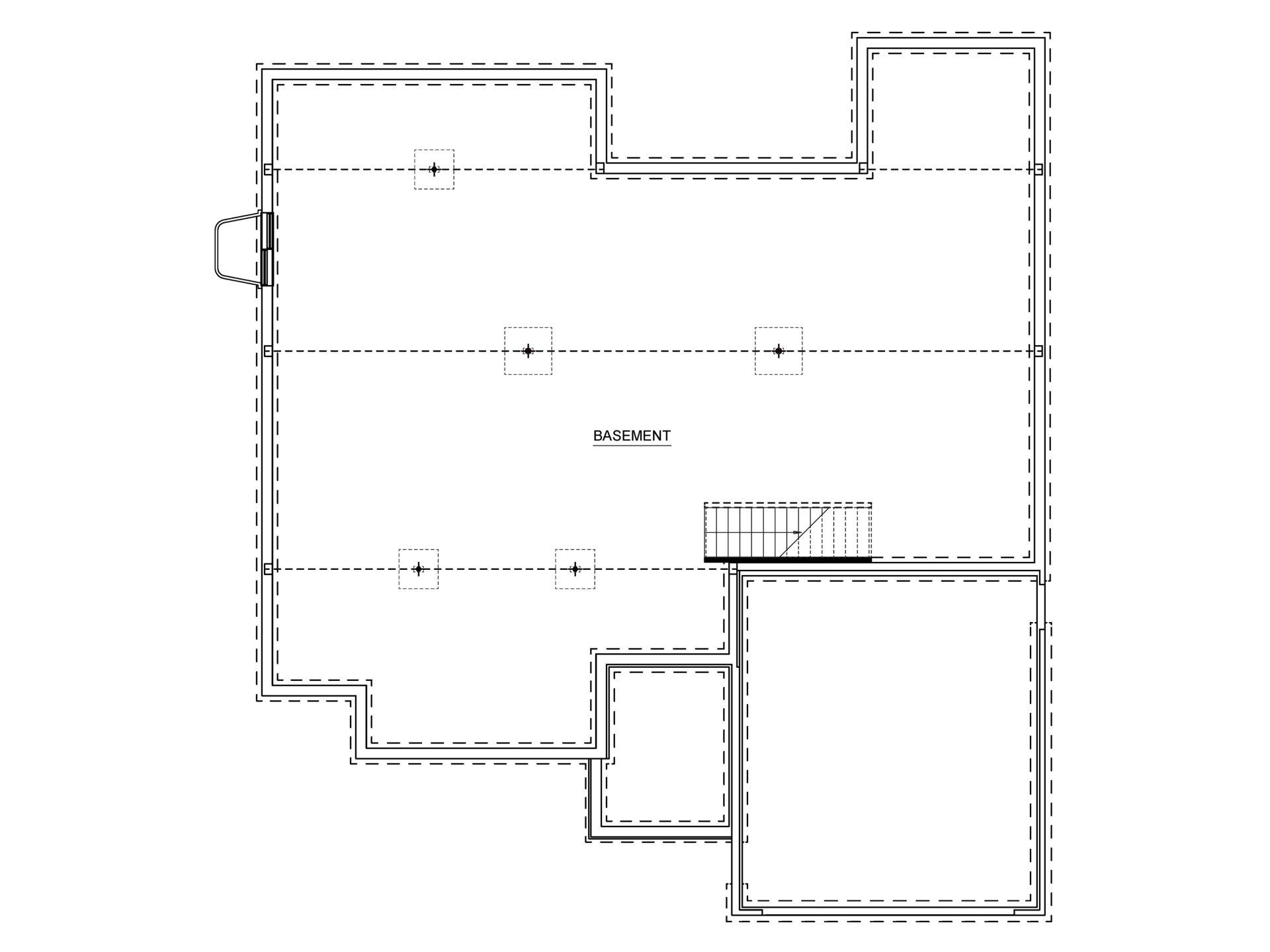 BASEMENT(3).jpg: Unfinished basement floor plan with open future living space, support columns and stairs to the main level.